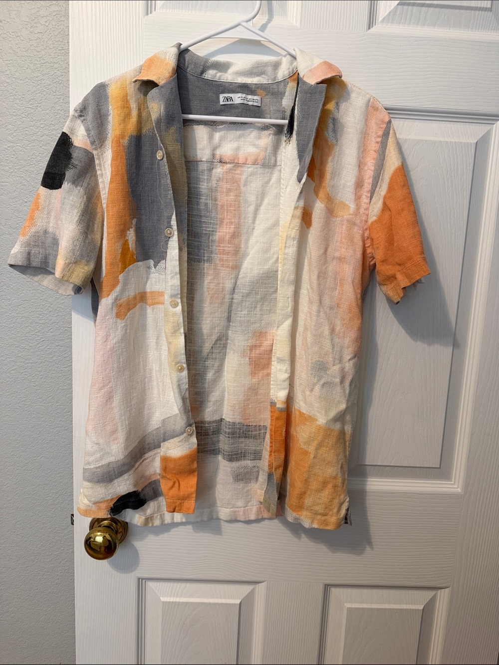 Zara Men Short Sleeve Abstract Button-Down Shirt - Orange, Gray & White